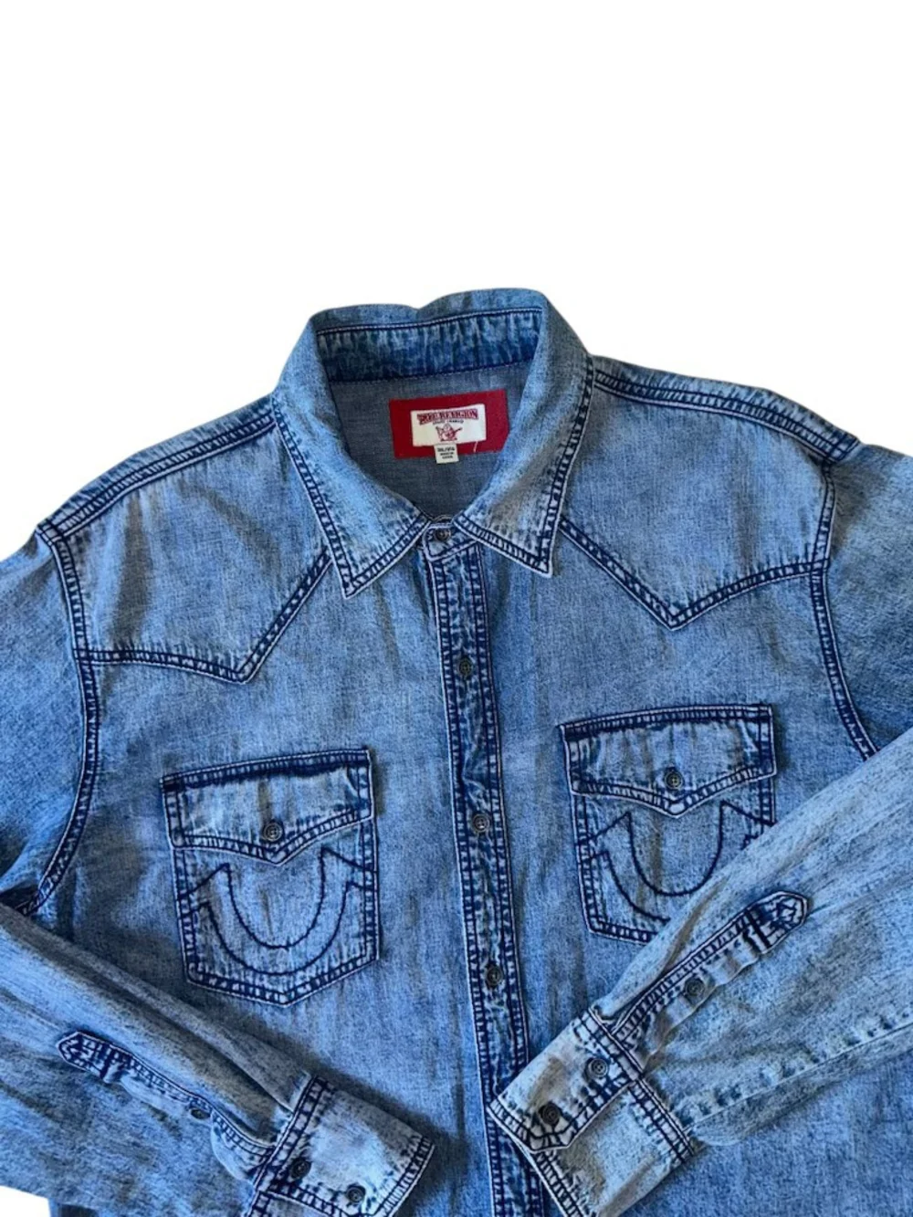 True Religion Mens 3XL Western Blue Denim Jean Jacket Distressed Ocean Tide